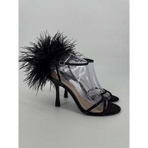 Nina Shoes Womens Size 9.5 Black‎ Clear Feather Heels Stiletto Ankle Strap Dress